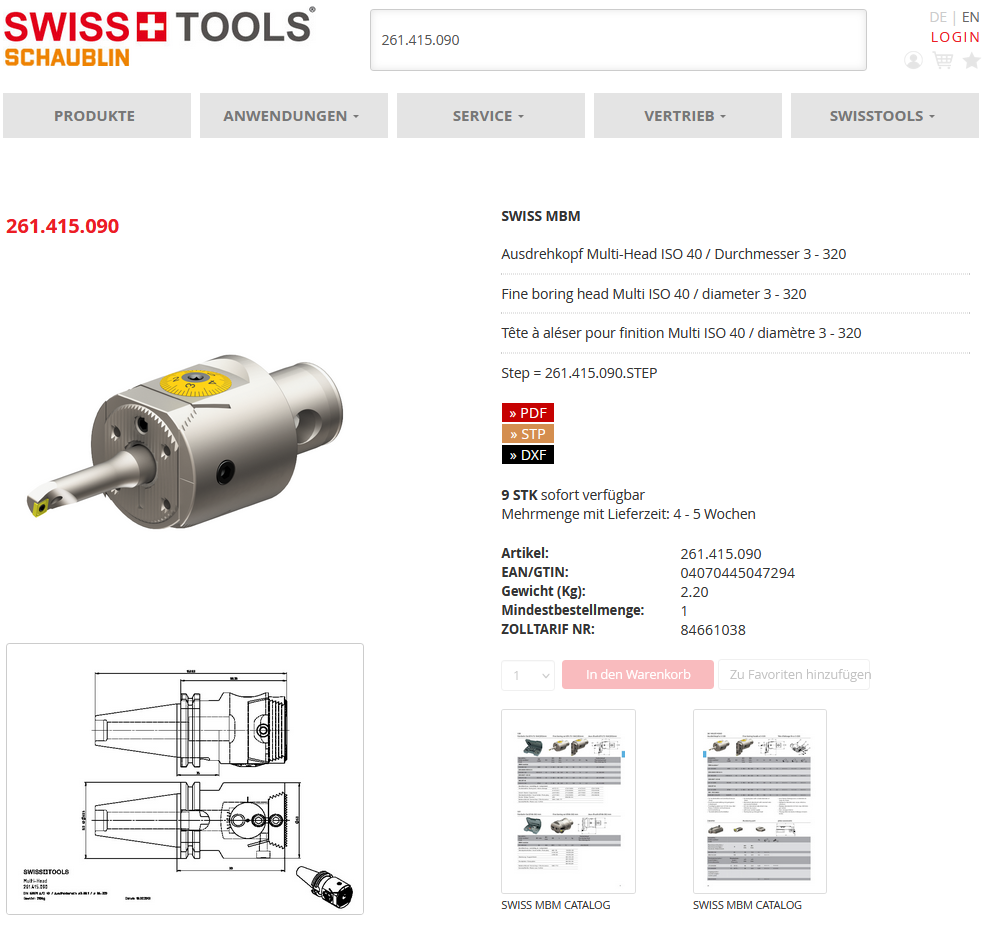 SWISSTOOLS online platform with CAD data, PDF drawings, stock availability and delivery times